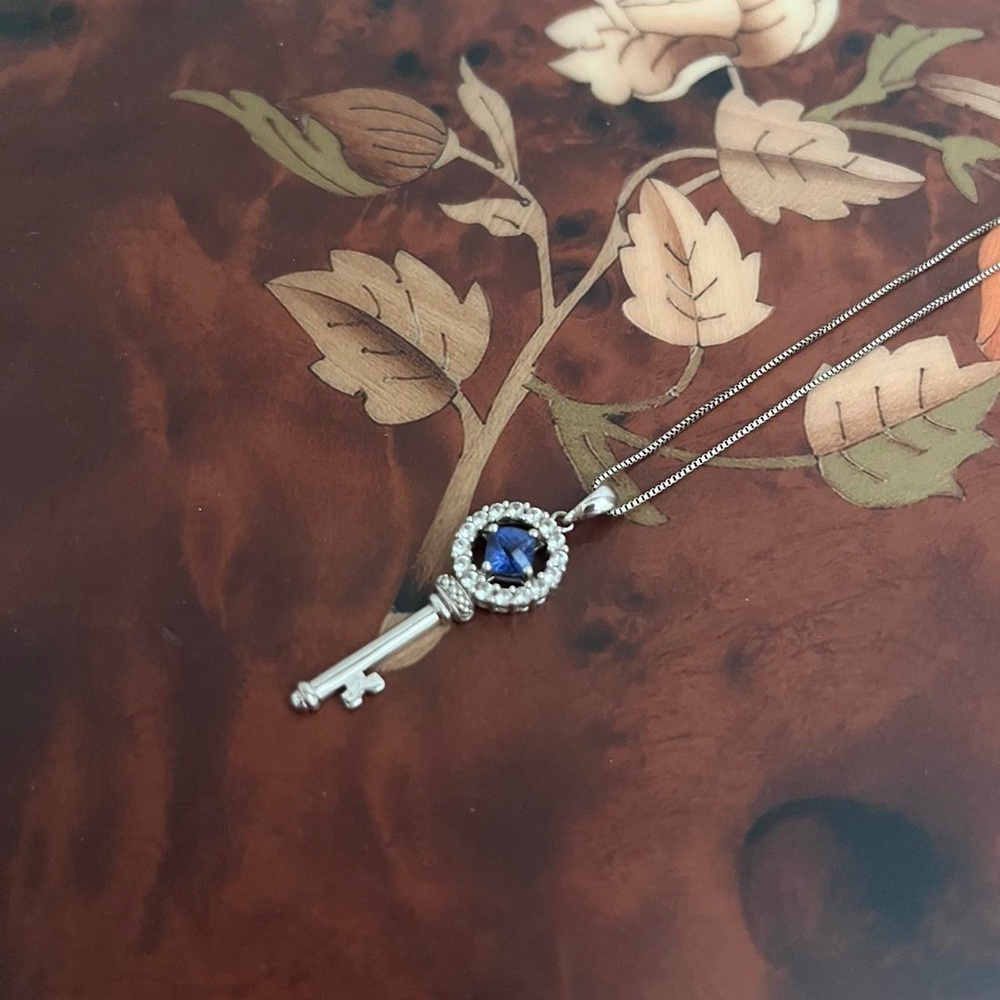 Stirling Silver Sapphire & Cubic Zirconia Skeleton Key Pendant Necklace